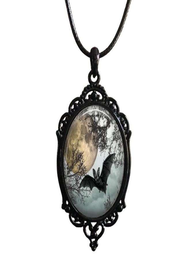 IS4U Gothic Halloween Cameo Necklace, Vintage Crystal Glass Witch/Raven/Bat/Tree Pendant Necklace Punk Style Dark Necklace Goth Victorian Choker Halloween Jewelry for Women (Black Bat1) - Image 1